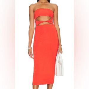 Sero.ya strapless midi dress with twist detail bodice cutouts.